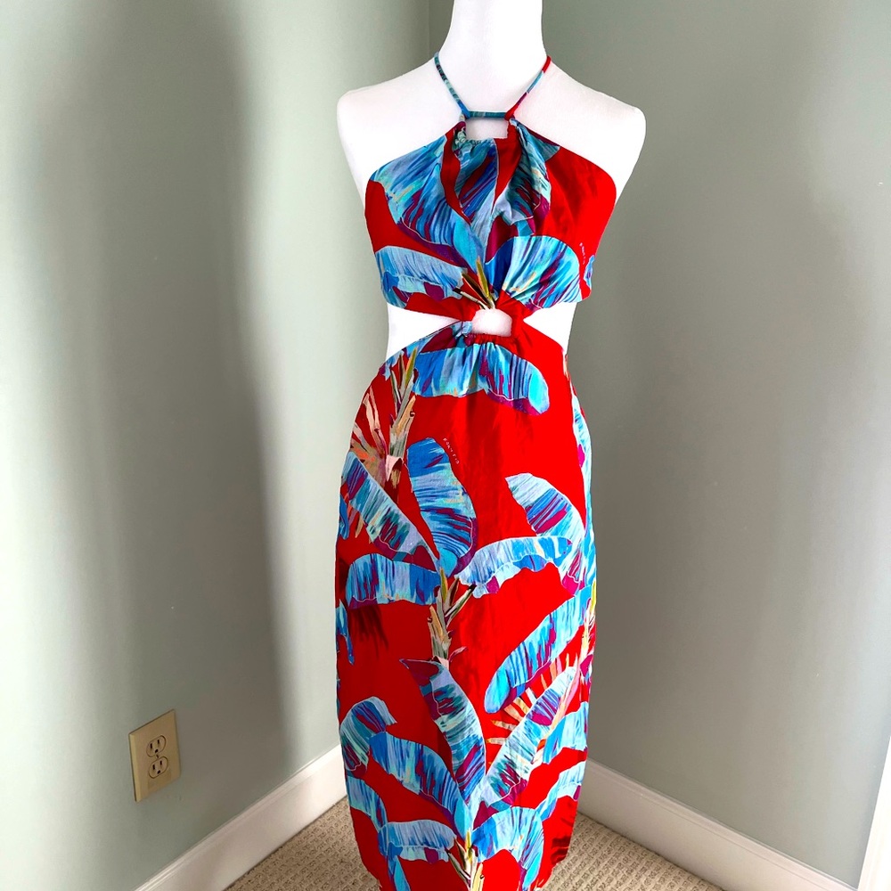 FARM Rio Red and Blue Jungle Cutout Midi Dress S